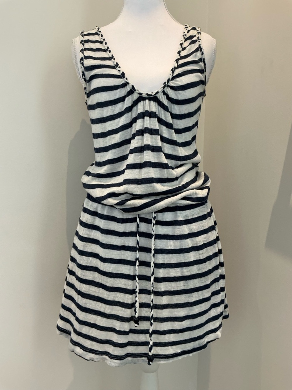 0039 ITALY - Striped Sleeveless Drawstring Dress - Navy blue & White